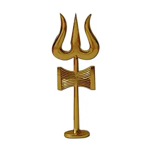 Divya Mantra Traditional Trishul (Trident) Damru with Stand Brass Statue for Car Dashboard/Puja Ghar