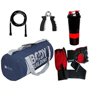 5 O' CLOCK SPORTS Gym Bag for Men Combo of Leather Black Gym Bag Sports Bottel Blue Gloves Skipping Rope Hand Gripper