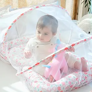 TIDY SLEEP Baby Bed with Mosquito Net & Neck Pillow Baby Gadda Set for New Born 0M+ Printed Baby Gadda Baby Sleeping Bed of 90cm x 65cm x 10cm (Pink Flower)