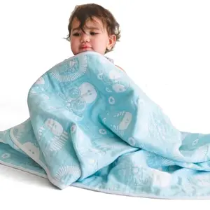 TIDY SLEEP Baby Blankets 6 Layer Wraper 100% Cotton Stroller Cover Receiving Blankets Blue (100 Cm X 90 Cm) Breathable