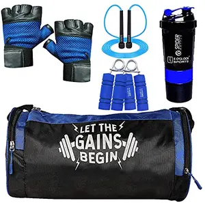 5 O' CLOCK SPORTS Combo of Let The Gains Begin (Purple) Gym Bag Gloves (Blue) Spider Shaker (Blue) Skipping Rope (Blue) and Hand Gripper (Blue) Gym and Fitness Kit.
