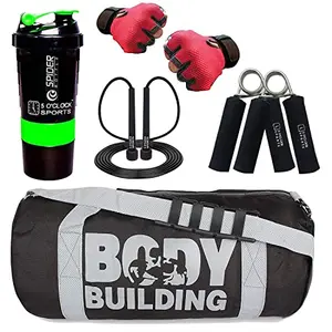 5 O' CLOCK SPORTS Gym Bag for Men Combo Black Body Building Gym BagRed GlovesSkipping RopeToo fit Green Shaker with Hand Gripper Gym and Fitness kit