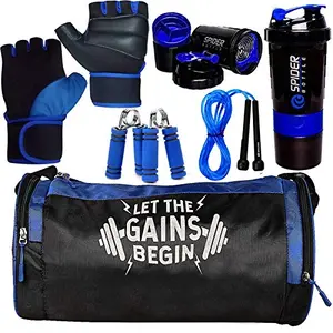5 O'CLOCK SPORTS Combo of Let The Gains Begin (Blue) Gym Bag Gloves (Blue) Spider Shaker (Blue) Skipping Rope (Blue) and Hand Gripper (Blue) Gym and Fitness Kit.