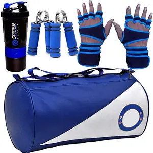 5 O' CLOCK SPORTS Gym Combo Set Include Blue Chelsea Leather Duffle Gym Bag Blue Lycra Gym Gloves(Large) Blue Spider Shaker and Blue Hand Griper.