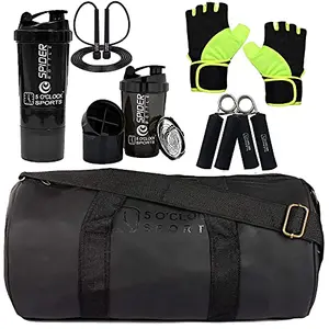 5 O'CLOCK Sports Gym Bag for Men Combo Black Gym BagGreen Gloves Skipping Rope Black Spider Shaker with Hand Gripper Gym and Fitness kit Black Standerd Gym Bags