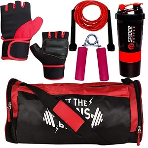 5 O' CLOCK SPORTS Combo of Let The Gains Begin (Red) Gym Bag Gloves (Red) Spider Shaker (Red) Skipping Rope (Red) and Hand Gripper (Red) Gym kit for Men and Women ll Red Standerd