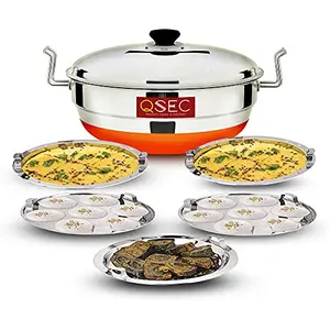 QSEC QE-5G Stainless Steel Idli Cooker Multi Kadai Steamer with Copper Bottom All-in-One Big Size 5 Plate 2 Idli | 2 Dhokla | 1 Patra | Momo's | 3 in 1 | 285 mm Dia.
