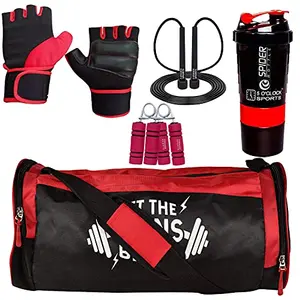 5 O' CLOCK SPORTS Combo of Let The Gains Begin (Red) Gym Bag Gloves (Red) Spider Shaker (Black) Skipping Rope (Red) and Hand Gripper (Red) Gym and Fitness Kit