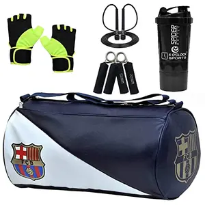 5 O' CLOCK SPORTS Gym Bag Combo Set Enclosed with Soft Leather Gym Bag for Men Fitness - Blue FCB Green Gym Gloves Black Cyclone Shaker Black Skipping Rope and Black Hand Gripper