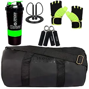5 O' CLOCK SPORTS Gym Bag for Men Combo Black Gym BagGreen GlovesSkipping RopeToo fit Green Spider Shaker with Hand Gripper Gym and Fitness kit