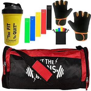 5 O'CLOCK Sports Gym Bag Combo Set Enclosed Yellow Classic Shaker 600 ML with Red LTGB Printed Logo Gym Bag Lycra Gloves (Orange) and Resistance Loop Bands for Men Fitness ll Gym & Fitness Kit. Multicolor Standerd Gym Bags