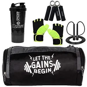 5 O'CLOCK SPORTS Multi-Purpose Gym Bag Black Protein Shaker Green Lycra Gym Glove with Wrist Support Hand Gripper and Skipping Rope Combo.
