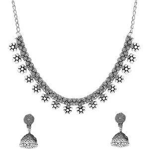 Yellow Chimes Antique Silver Oxidized Ethnic Indian Traditional Leaf Charm Pink Thread Neck Dori Necklace Earrings Jewelry Set