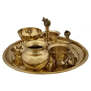 Decorative Pooja Thali Set Brass Decor Mandir Ethnic Puja Items Bhog Plate for Indian Festivals Diwali Navratri Ganesh Chaturthi Teej Sri Laxmi Durga Radha Krishna Shiva Hanuman Sai Pujan (M) - Gold
