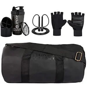 5 O'CLOCK Sports Gym Bag Combo Set Enclosed with Soft Leather Gym Bag for Men Fitness - Black Color Skipping Rope Spider Shaker Bottle 500 Ml - Black Color and Lycra Gym Gloves - Black Color