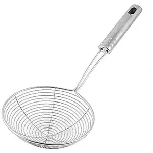 Tuelip Stainless Steel Multi Functional Filter Deep Fry Oil Strainer for Kitchen with Wooden Non-Stick Serving and Cooking Spoon Jhara Puri Strainer with Stainless Steel Handle 1 PC Medium