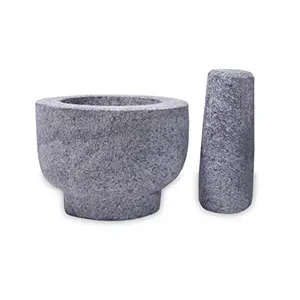 MYNAKSHA Mortar and Pestle Set for Spices Okhli Masher Khalbatta Kharal Mixer Natural & Traditional Grinder and Musal Well Design for Kitchen Home Herb 5inch Black stone