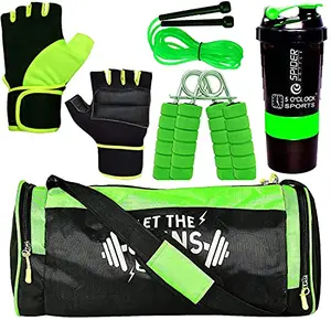 5 O' CLOCK SPORTS Combo of Let The Gains Begin (Green) Gym Bag Gloves (Green) Spider Shaker (Green) Skipping Rope (Green) and Hand Gripper (Green) Gym and Fitness Kit.