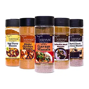 Tassyam Indian Meats Spice Combo 500 grams Dispensers | Since 1940 | Shahi Chicken Red Meat Garam Masala Biryani Instant Egg Curry | Incredible Value