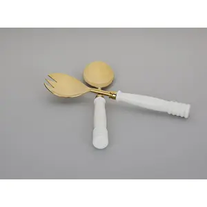 AGRA SOFT STONE CARVING PRODUCTS Ivy Salad Server Set with Fork and Spoon (White Marble Handle & Gold Plated)