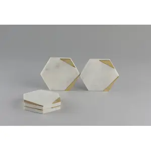 AGRA SOFT STONE CARVING PRODUCTS White Marble and Brass Coaster (Set of 4) Coasters for Glasses Cocktails Tea Coffee Cups and Gift