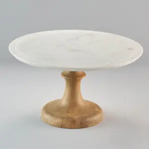 AGRA SOFT STONE CARVING PRODUCTS Ava Marble and Wood Cake Stand & Round Dessert Platter