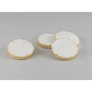 AGRA SOFT STONE CARVING PRODUCTS White Marble Round Shape Coasters with Gold Rimmed Set of 4 Coasters for Glasses Tea Coffee Cups and Gift