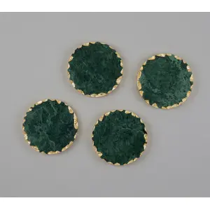 AGRA SOFT STONE CARVING PRODUCTS Green Marble Coaster with Gold Rimmed Base (Set of 4) Round Shape Coasters for Glasses Tea Coffee Cups and Gift