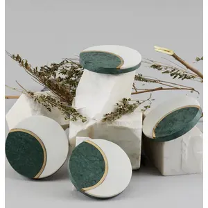 AGRA SOFT STONE CARVING PRODUCTS White and Green Marble with Brass Inlay Coasters Set of 4 Round Shape Coaster for Glasses Cocktails Tea Coffee Cups and Gift