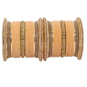 NMII Non-Precious Metal with Base Metal and Studded with Zircon Gemstone Glossy Finished Traditional Velvet Bangle Chuda set for Women and Girls 2.6 Metal Zircon Gemstone