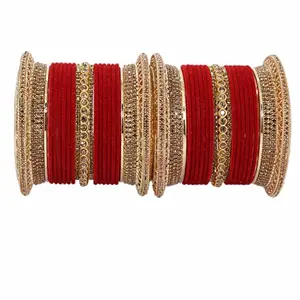 NMII Non-Precious Metal with Base Metal and Studded with Zircon Gemstone Glossy Finished Traditional Velvet Bangle Chuda set for Women and Girls 2.4 Metal Zircon Gemstone