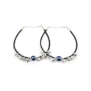 Priyaasi Women's Evil Eye Beads Silver Plated Anklets And 27X1.5 Cm Black