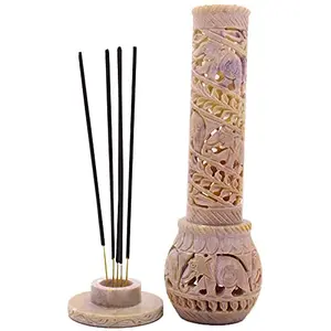 AGRA SOFT STONE CARVING PRODUCTS Marble Soapstone Bottle Shape Elephant Design Incense Stick Holder Agarbatti Stand&Tea Light Burner for Puja and Home Decor.