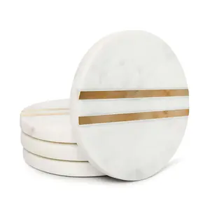 AGRA SOFT STONE CARVING PRODUCTS White Marbles Brass Round Coaster Set of 4 Pcs (for Drink Water Tea Coffee Wine & Table Decorative Cocktail Coaster) (DM White-01 7)