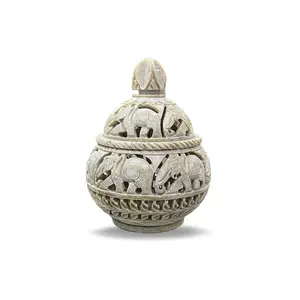 AGRA SOFT STONE CARVING PRODUCTS Marble Soapstone Tea Light Candle Holder Handi Shape with Elephant Design & Perfect Handmade jaali CarvedDecorative for Home and Office Dcor (6x3Inch) (Elephant Design)