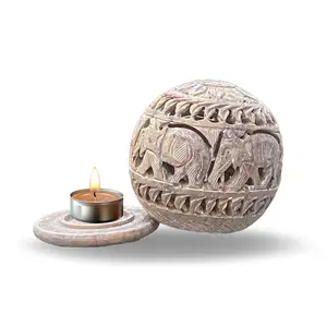 AGRA SOFT STONE CARVING PRODUCTS Marble Soapstone Round Tea Light Candle Holder - Perfect Handmade for Gifting Decorative Home & Office Decor (Free 1 Candle Tea Light) (Design 02)