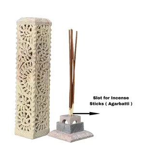 AGRA SOFT STONE CARVING PRODUCTS Handmade Carved Soapstone Marble Incense Agarbatti Stand Holer for Puja and Home/Office Decor (Design 4)