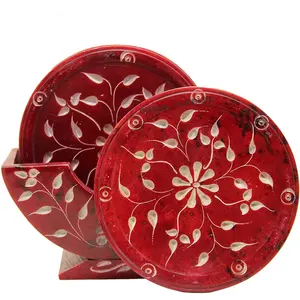 AGRA SOFT STONE CARVING PRODUCTS Mable Soapstone Flower Print Round Red Tea/Coffee Coasters-Set of 6