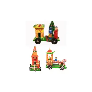 VARANASI WOODEN TOYS Wooden Handcrafted Golu Doll Set of 3: Shiva Temple with Horse Chariot and Radha Krishna Rath