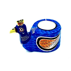 VARANASI WOODEN TOYS Handmade and Hand-Painted Wooden Candle Holders Stand and Table Decorative Tea Light Holder Handicraft Items for Home Decor (Peacock)