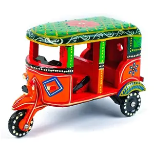 VARANASI WOODEN TOYS Auto Ricksaw Vehicle Wooden Toys Handmade Handpainted Push and Pull Toys for Kids Boys and Girls Handicraft Items for Home Decor