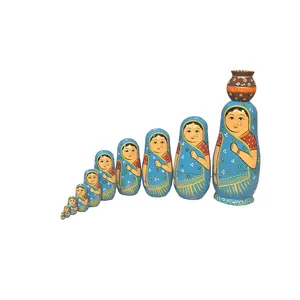 VARANASI WOODEN TOYS Handmade Wooden Stacking Dolls with Pot Blue 10pcs Set (10 cm x 10 cm x 27 cm)