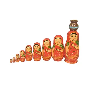 VARANASI WOODEN TOYS Handmade Wooden Stacking Dolls with Pot Red 10pcs Set (12 cm x 8 cm x 27 cm)