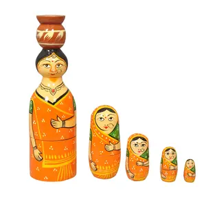 VARANASI WOODEN TOYS Handmade Wooden Stacking Dolls with Pot Orange (4 cm x 4 cm x 22 cm)