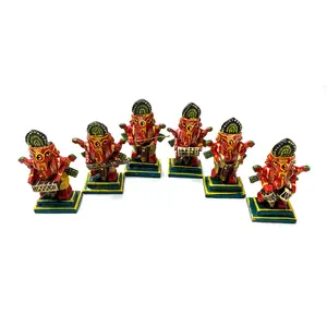 VARANASI WOODEN TOYS Lacquer Wooden Red and Yellow Handicraft Standing Ganesha Musician Bawla Set of 6 (Size : 8 x 4 Cm)