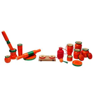 VARANASI WOODEN TOYS Traditional Handcrafted Wooden Kitchen Play Set for Girls (Color May Vary) (Orange Green) 13 Pcs Set