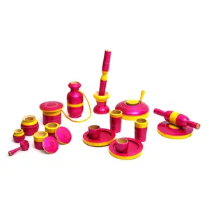 VARANASI WOODEN TOYS Traditional Handcrafted 20-Piece Wooden Kitchen Play Set for Girls (Color May Vary) (Pink)