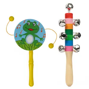 VARANASI WOODEN TOYS Non Toxic Colorful Wooden Baby Rattle Toy - Set of 2 (Drum + Jingle Bell) (Color May Vary)