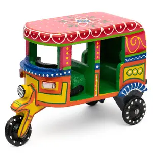 VARANASI WOODEN TOYS India Handmade Colorful Push and Pull Toys Wooden Auto Rickshaw (No Battery Needed & Color May Vary)