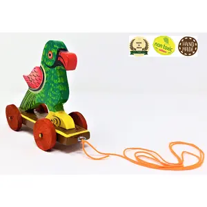 VARANASI WOODEN TOYS Wooden Pull Along Toy Encourage Walking Build Gross Motor Skills and Hand-Eye Coordination Handcrafted by Indian Artisans for Kids Toddlers (Potloo Parrot)